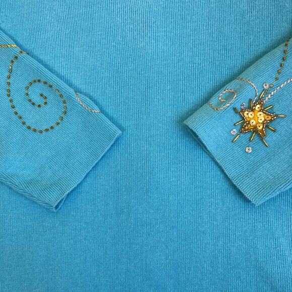 Quacker Factory Vtg 90s Holiday Cardigan With Star Appliquè Turquoise & Gold - Picture 11 of 16